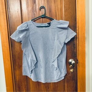 Ann Taylor Striped V-Shaped Ruffle Short-Sleeve Cotton Tunic Top M